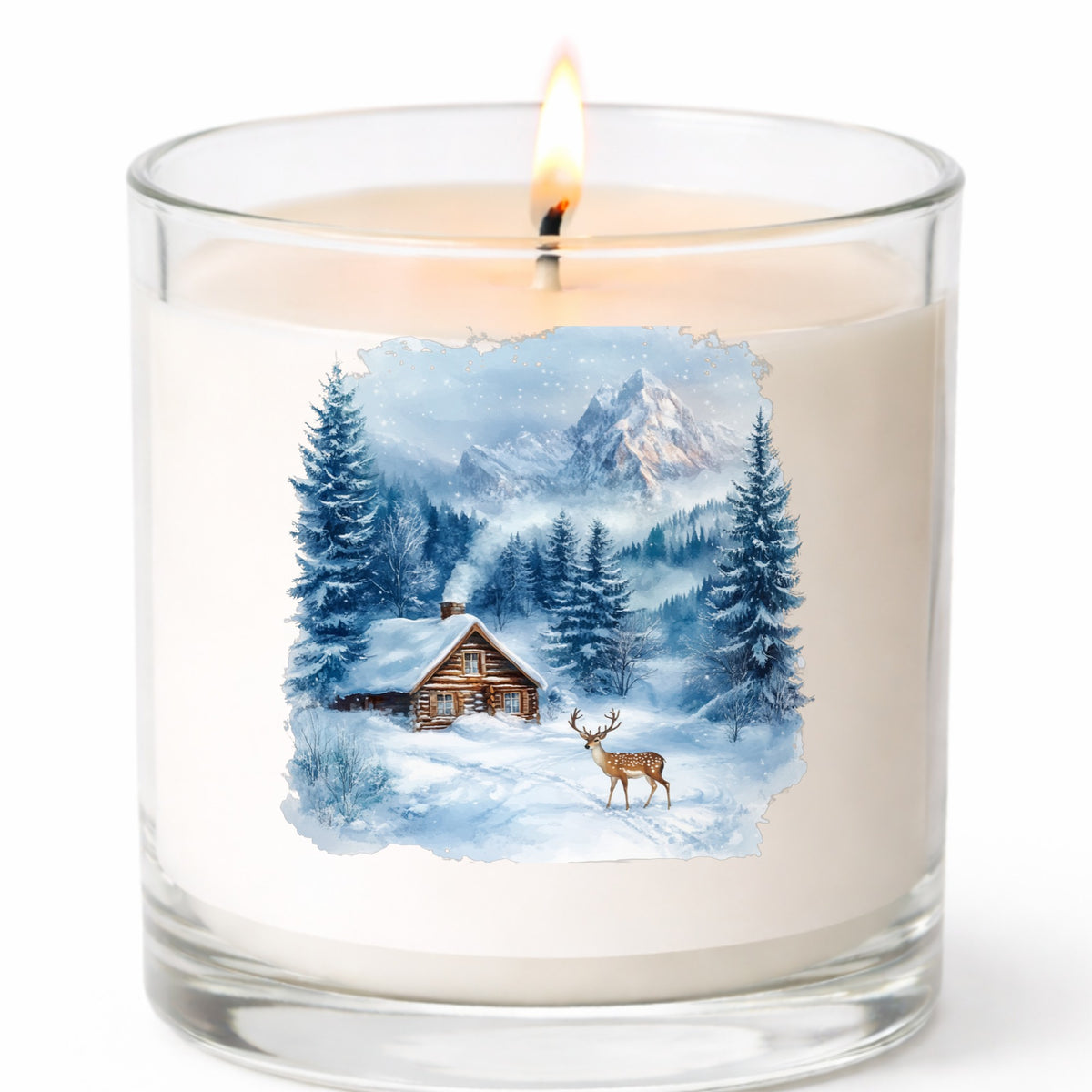 Blue Winter Cabin With Deer UV DTF sticker applied to a candle jar