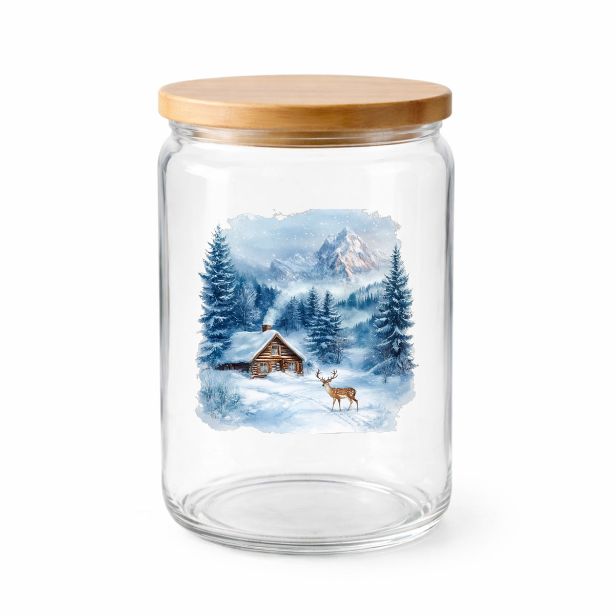 Blue Winter Cabin With Deer UV DTF sticker applied to a clear glass jar with lid