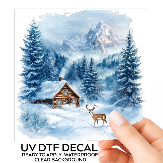 Blue Winter Cabin With Deer UV DTF sticker