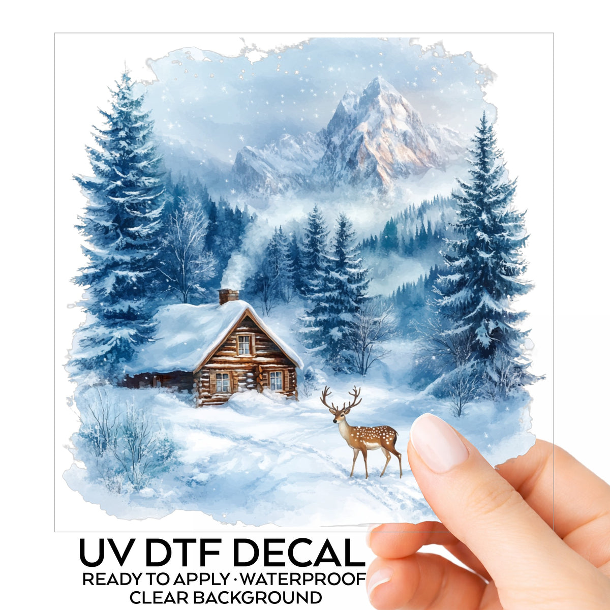 Blue Winter Cabin With Deer UV DTF sticker