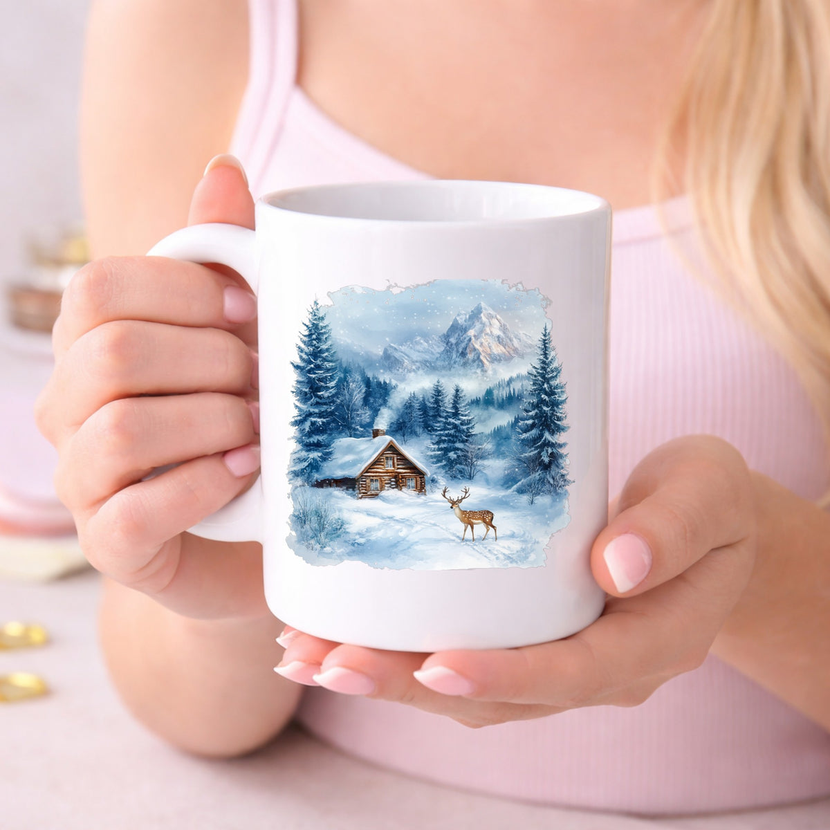 Blue Winter Cabin With Deer UV DTF sticker displayed on a white coffee mug