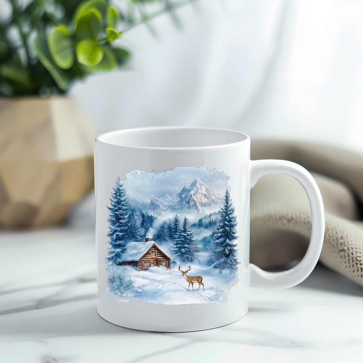 Blue Winter Cabin With Deer UV DTF sticker applied to a white coffee mug