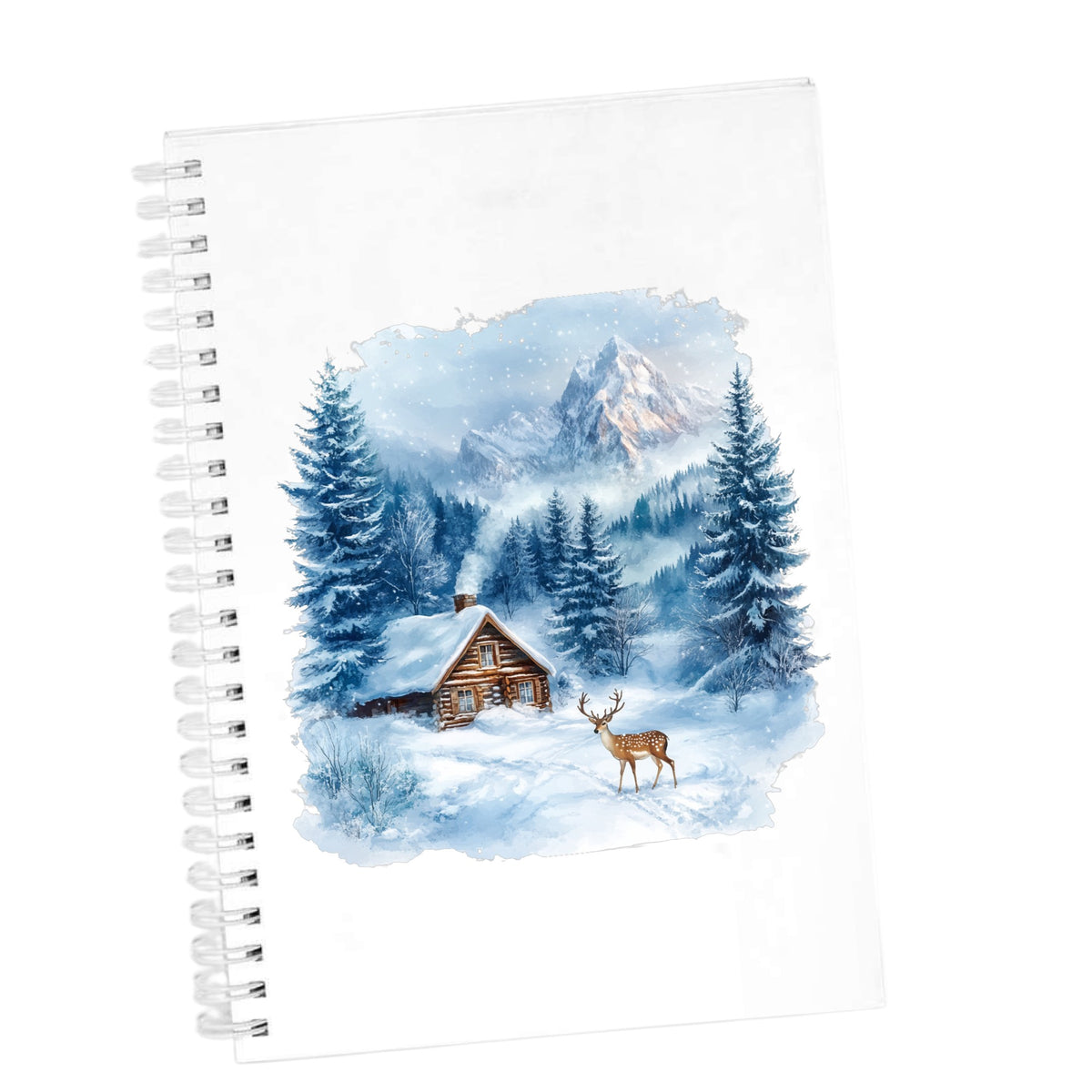 Blue Winter Cabin With Deer UV DTF sticker applied to a white journal
