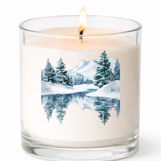 Winter Lake Reflection UV DTF sticker applied to a candle jar