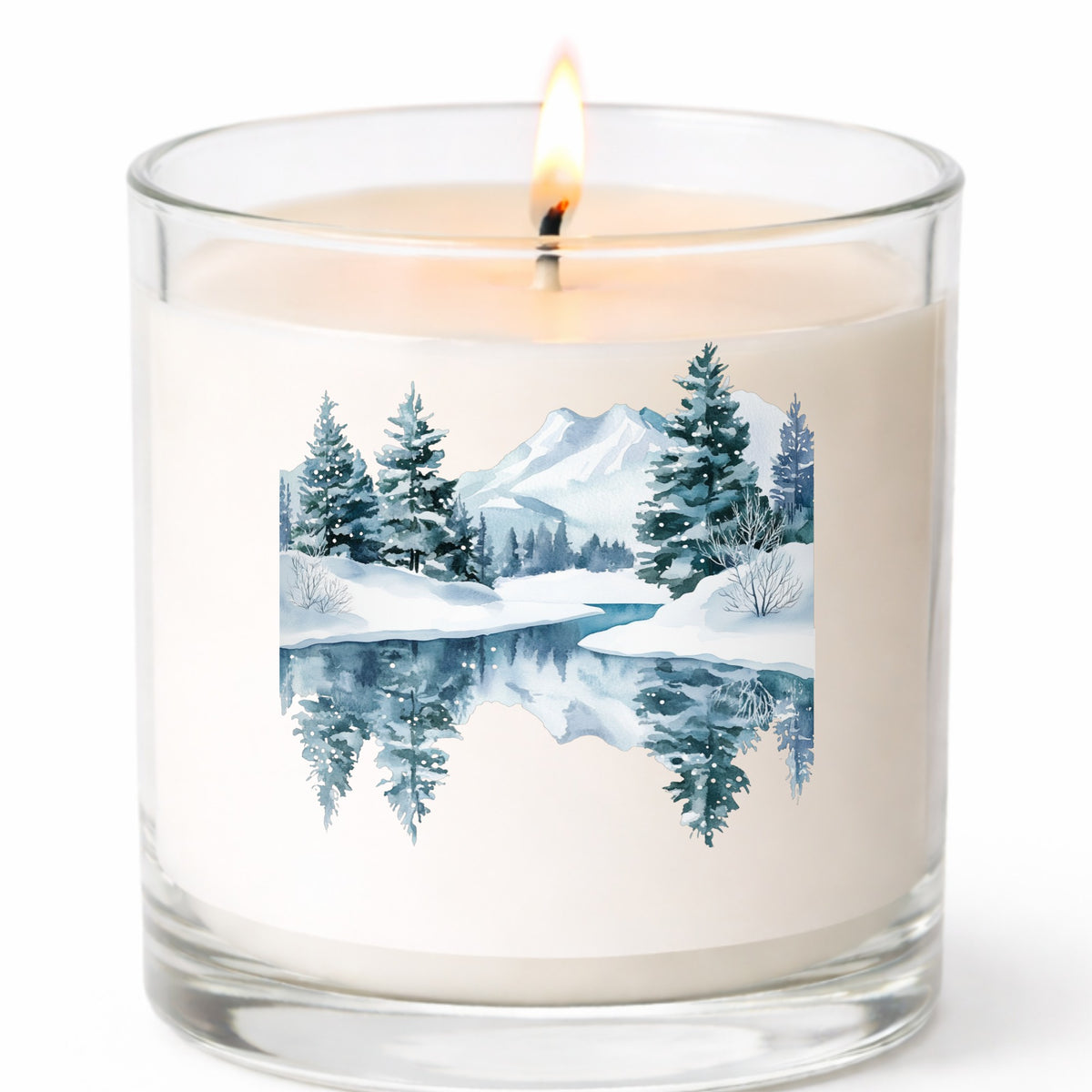 Winter Lake Reflection UV DTF sticker applied to a candle jar