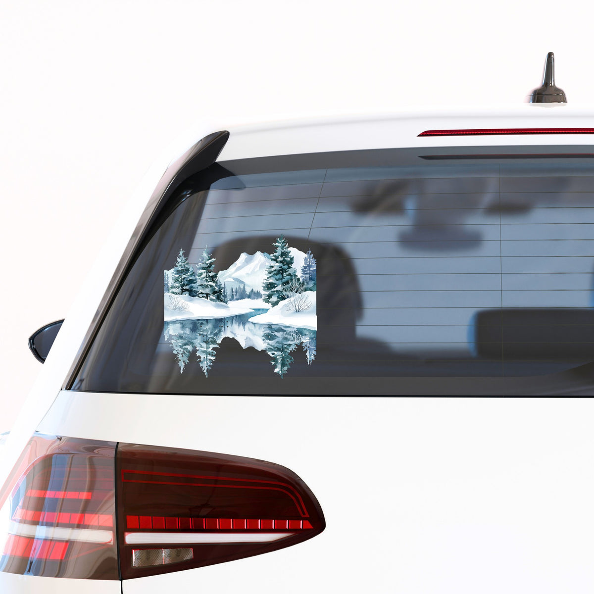Winter Lake Reflection UV DTF sticker applied to a car window