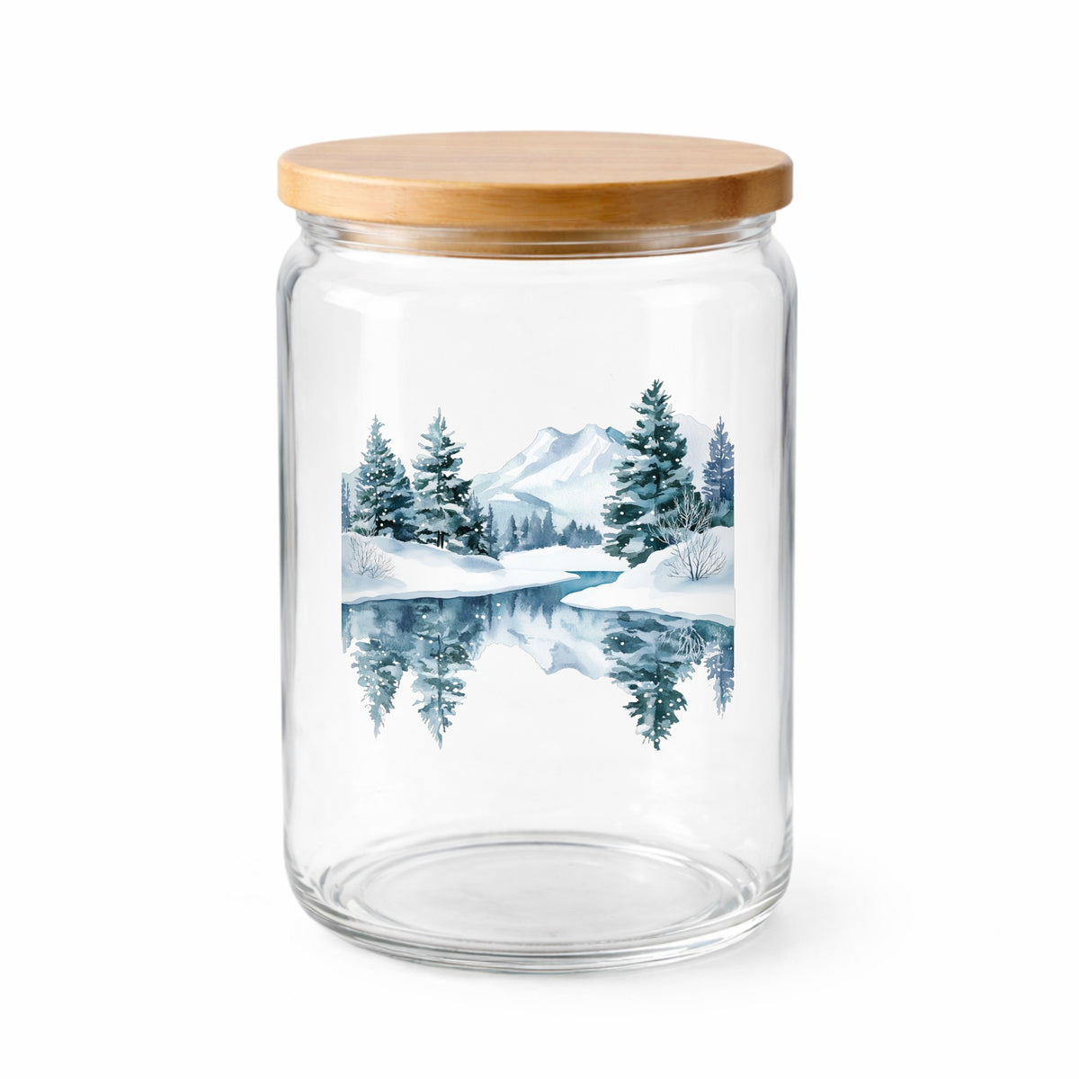 Winter Lake Reflection UV DTF sticker applied to a clear glass jar with lid
