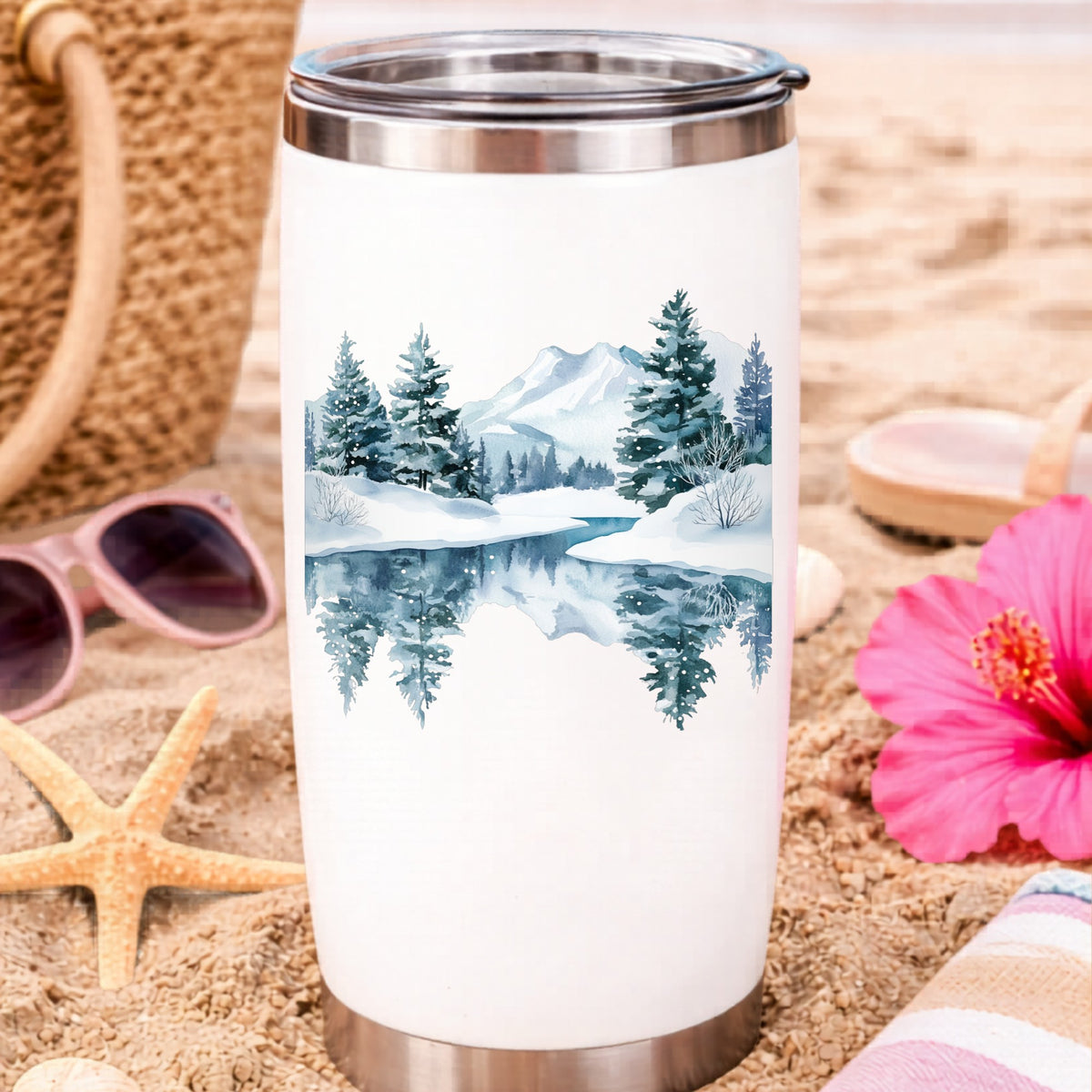 Winter Lake Reflection UV DTF sticker applied to a water bottle at the beach