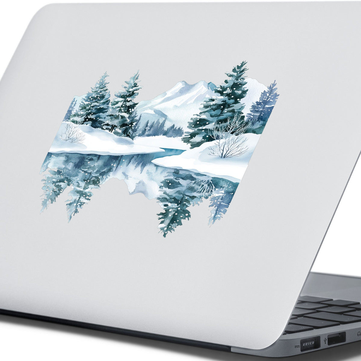 Winter Lake Reflection UV DTF sticker applied to a laptop