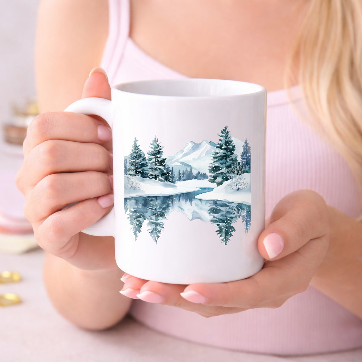 Winter Lake Reflection UV DTF sticker displayed on a white coffee mug