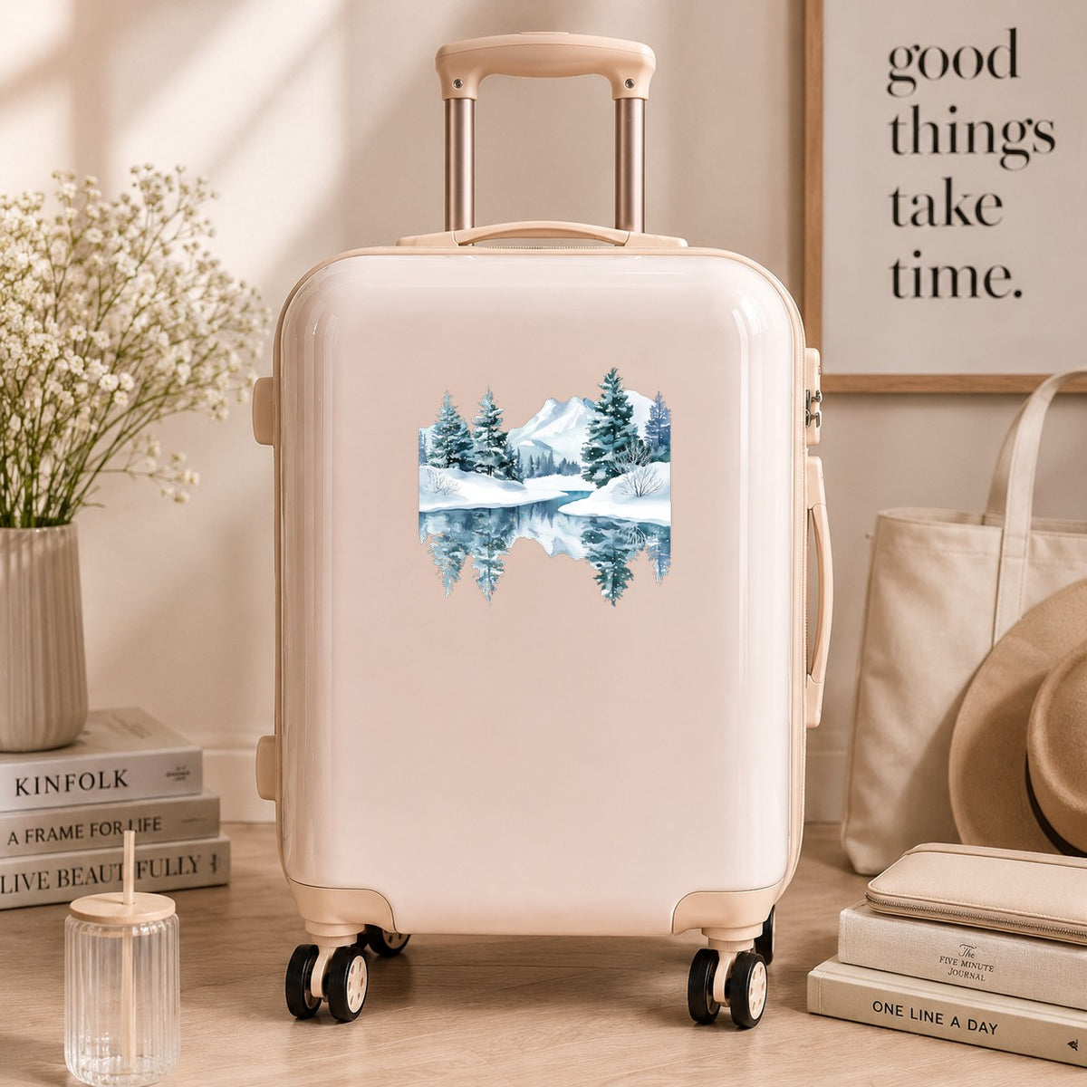 Winter Lake Reflection UV DTF sticker applied to a neutral suitcase