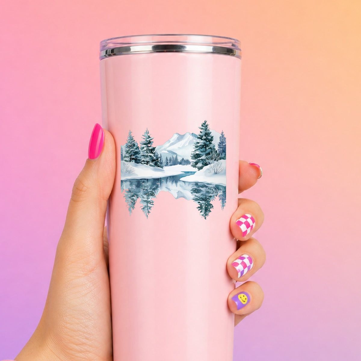 Winter Lake Reflection UV DTF sticker applied to a pink tumbler