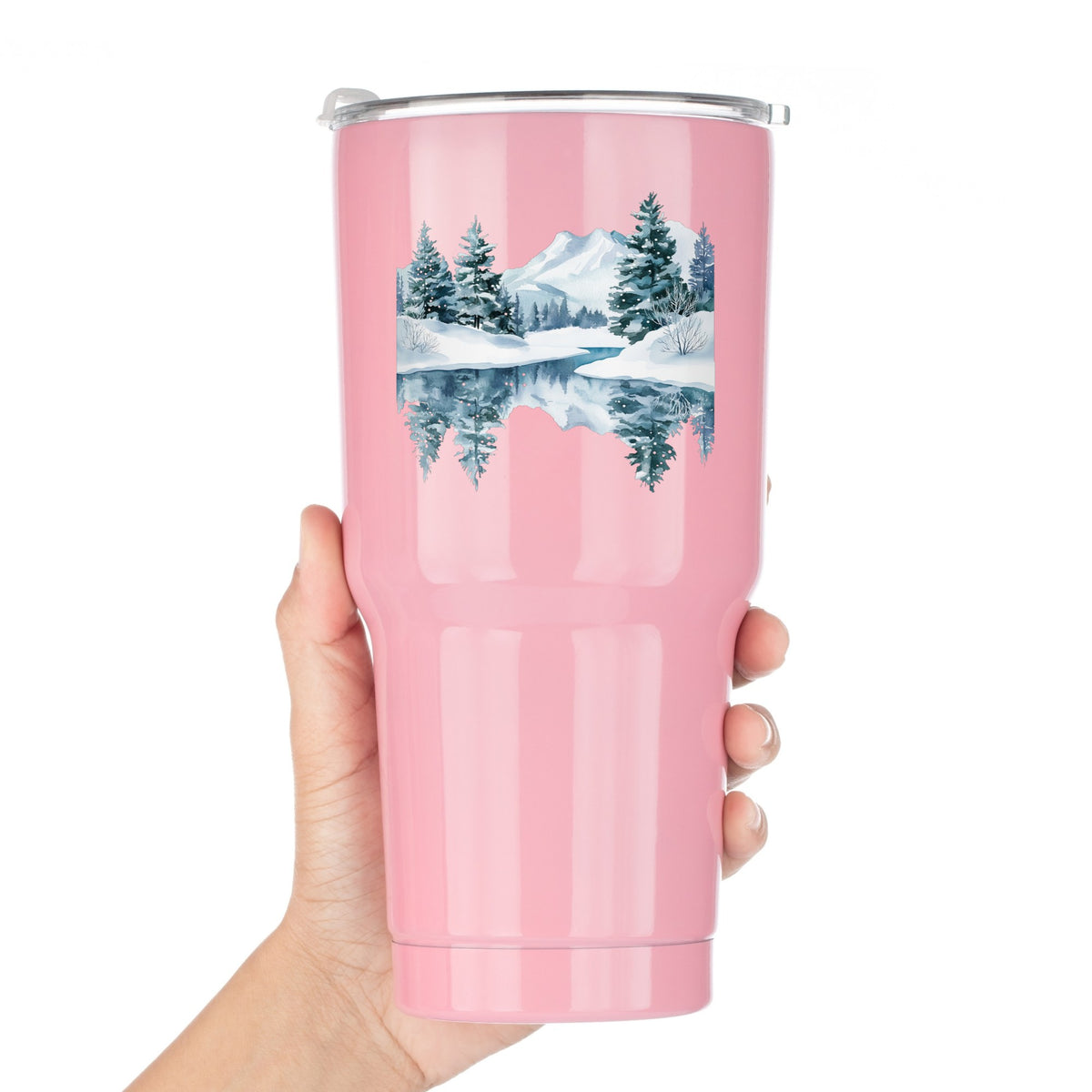 Winter Lake Reflection UV DTF sticker applied to a pink tumbler