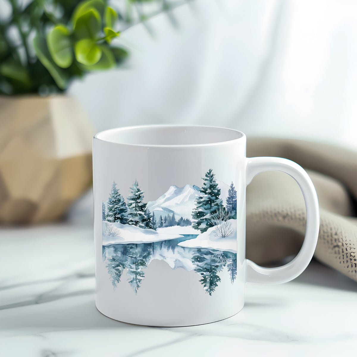 Winter Lake Reflection UV DTF sticker applied to a white coffee mug