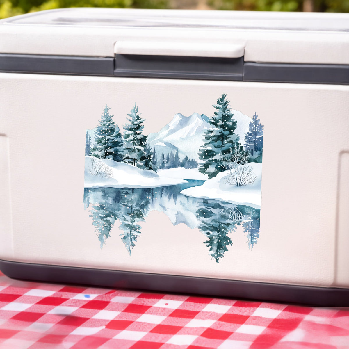 Winter Lake Reflection UV DTF sticker applied to a white cooler