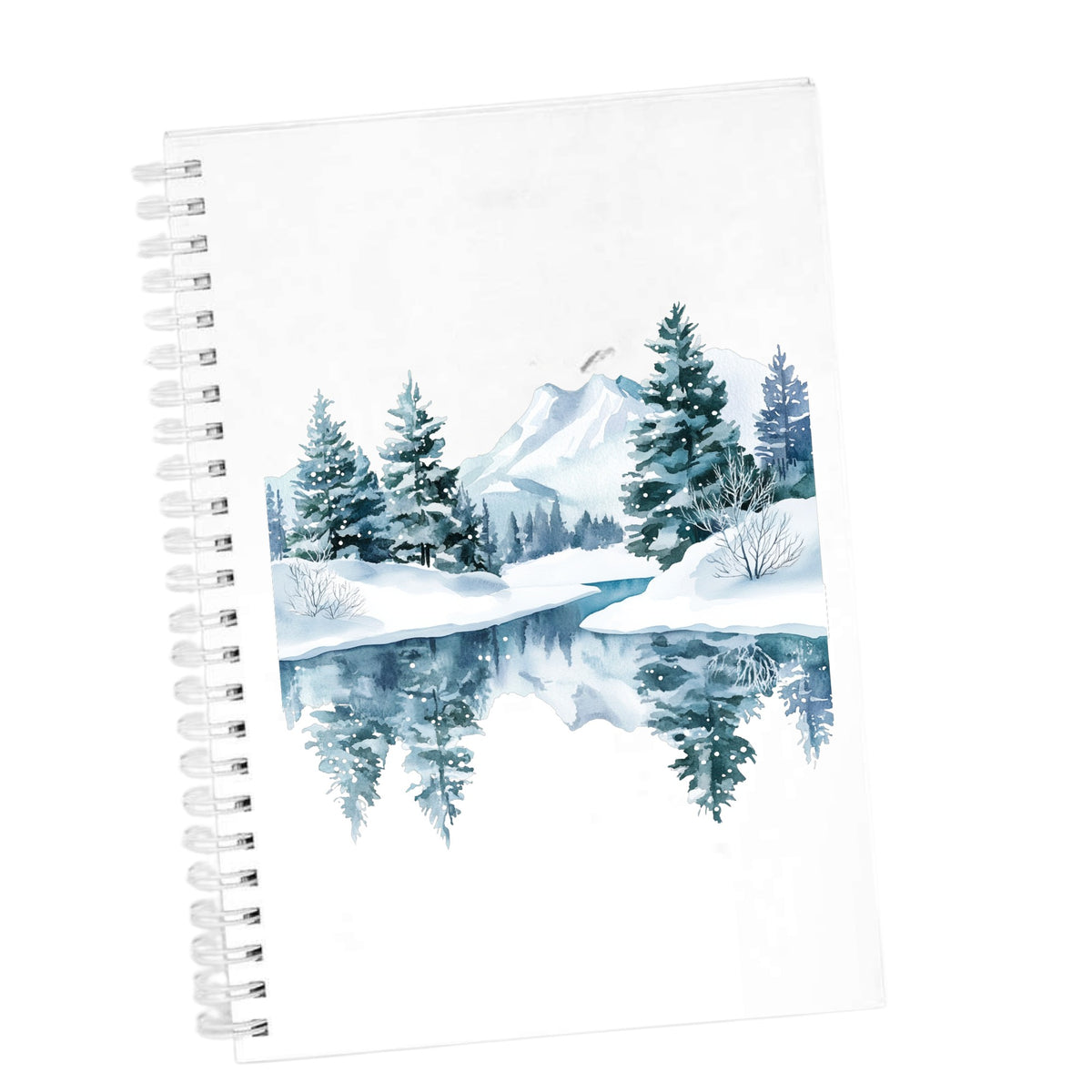 Winter Lake Reflection UV DTF sticker applied to a white journal