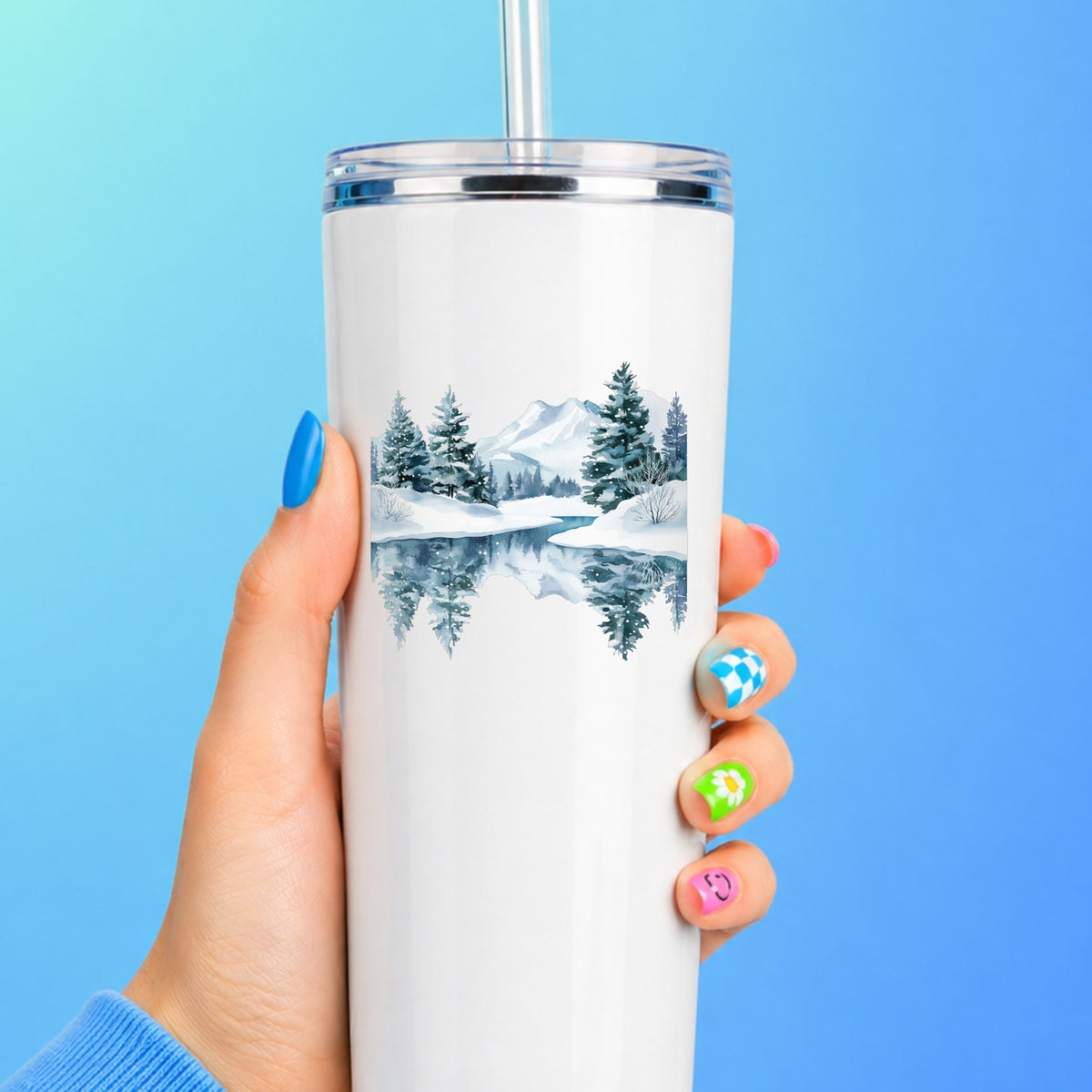 Winter Lake Reflection UV DTF sticker applied to a white tumbler