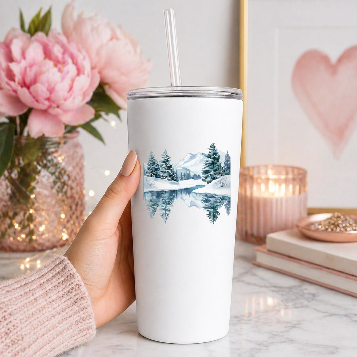 Winter Lake Reflection UV DTF sticker applied to a white tumbler
