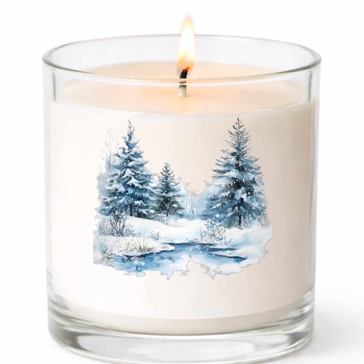 Snowy Evergreens By Stream UV DTF sticker applied to a candle jar