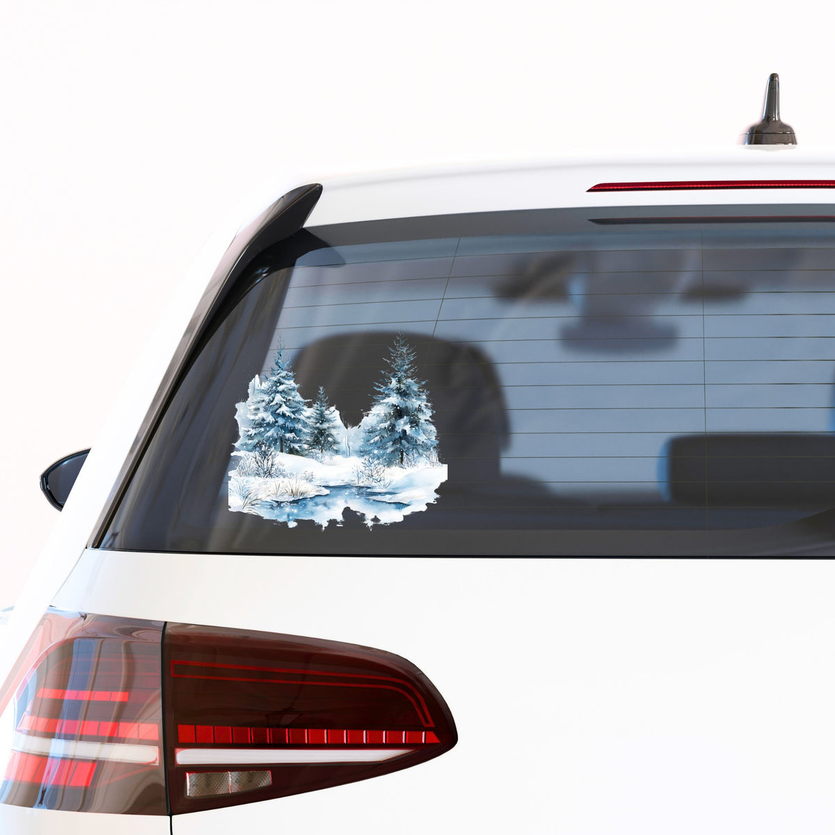 Snowy Evergreens By Stream UV DTF sticker applied to a car window