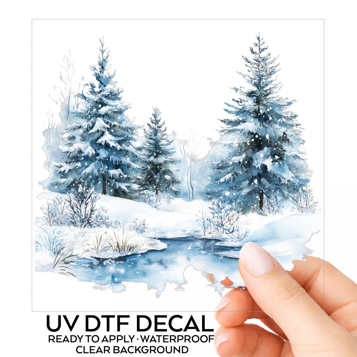 Snowy Evergreens By Stream UV DTF sticker