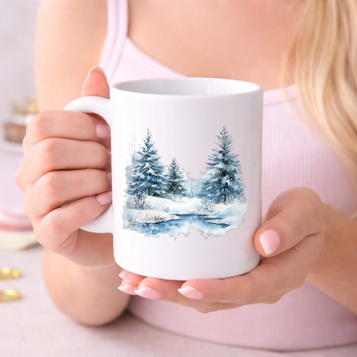 Snowy Evergreens By Stream UV DTF sticker displayed on a white coffee mug