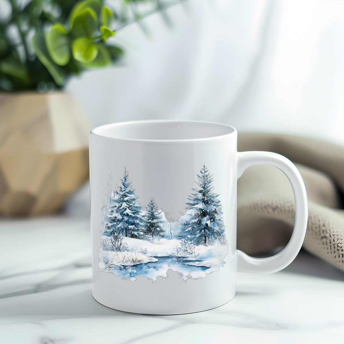Snowy Evergreens By Stream UV DTF sticker applied to a white coffee mug