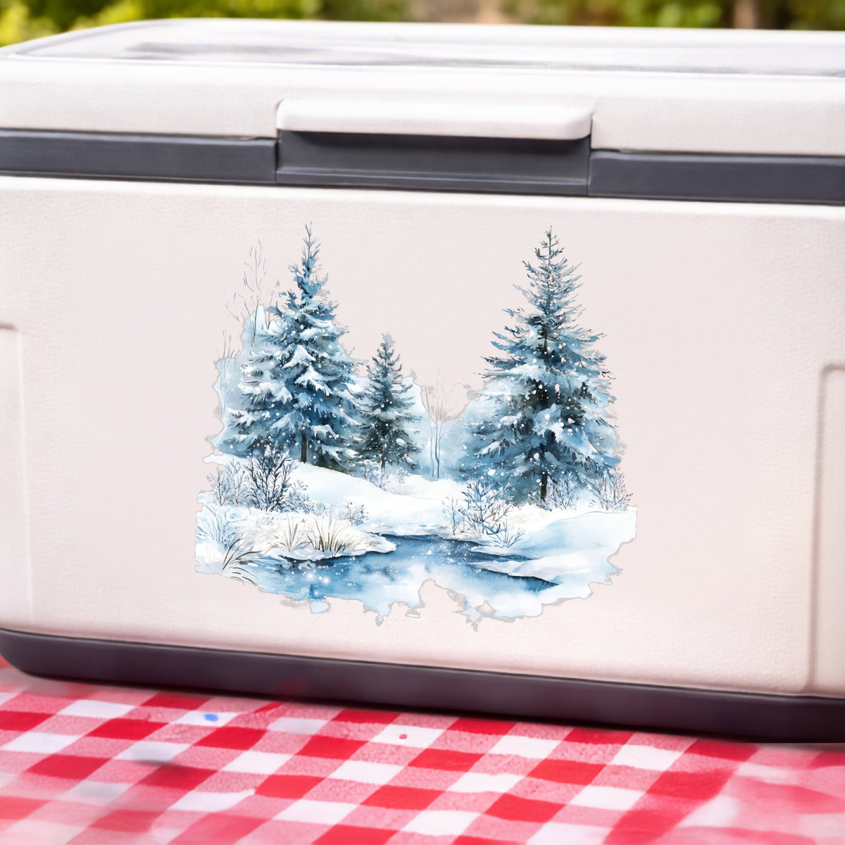 Snowy Evergreens By Stream UV DTF sticker applied to a white cooler