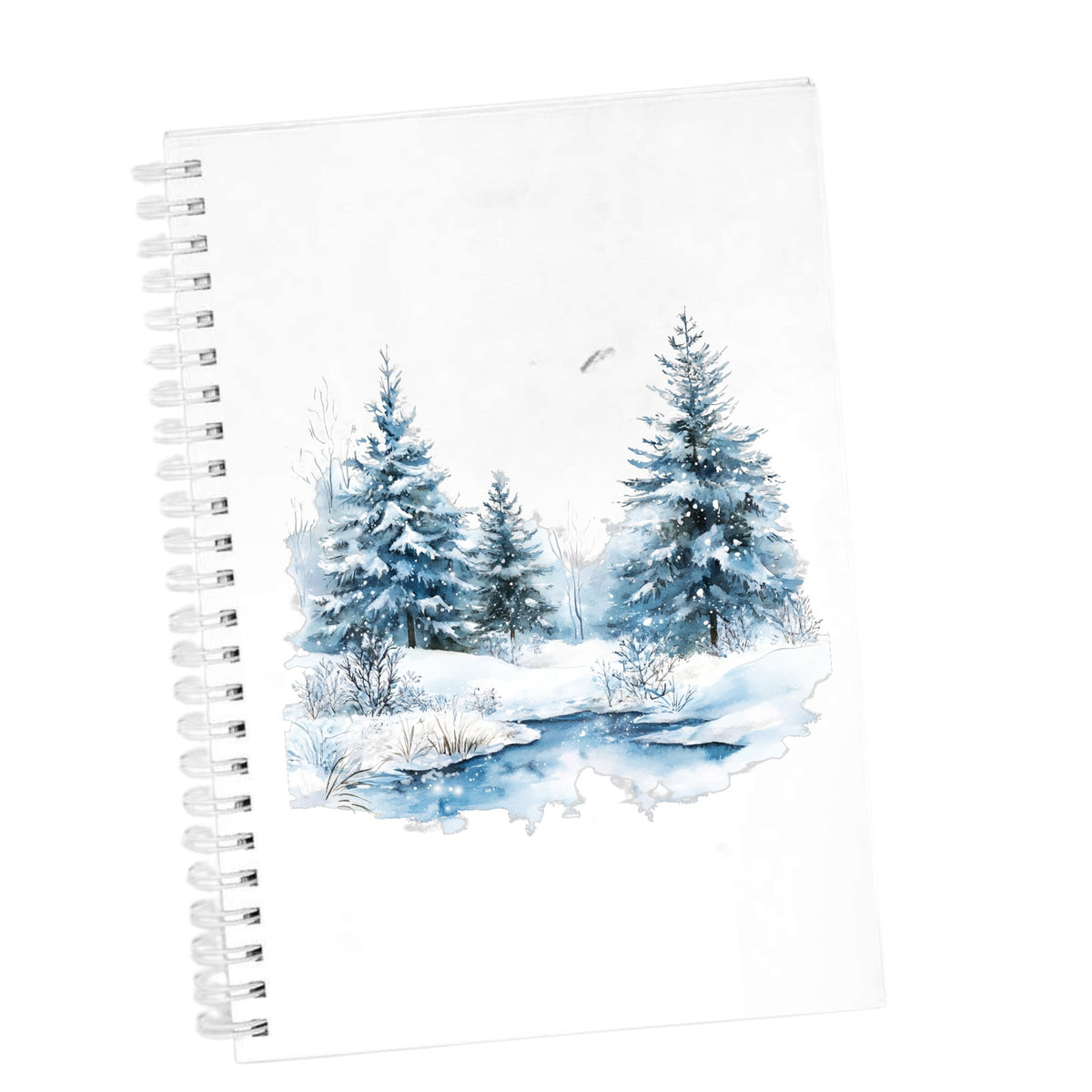 Snowy Evergreens By Stream UV DTF sticker applied to a white journal