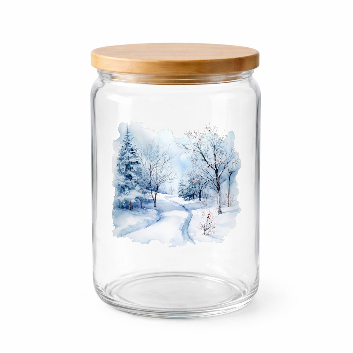 Winter Snow Path UV DTF sticker applied to a clear glass jar with lid