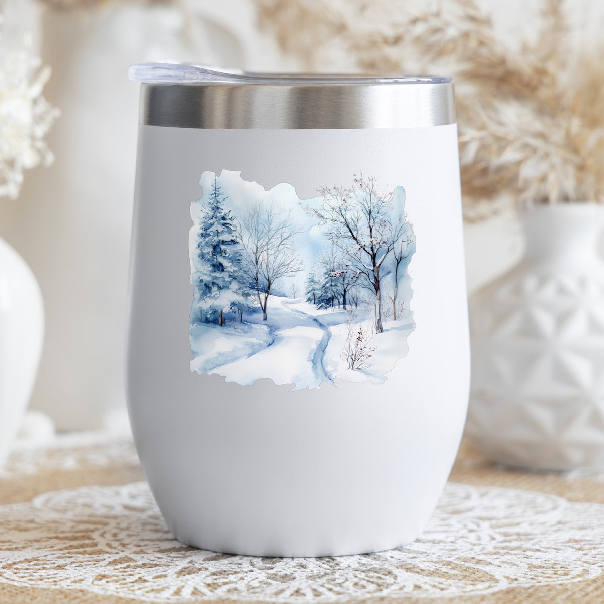 Winter Snow Path UV DTF sticker applied to a stemless wine glass