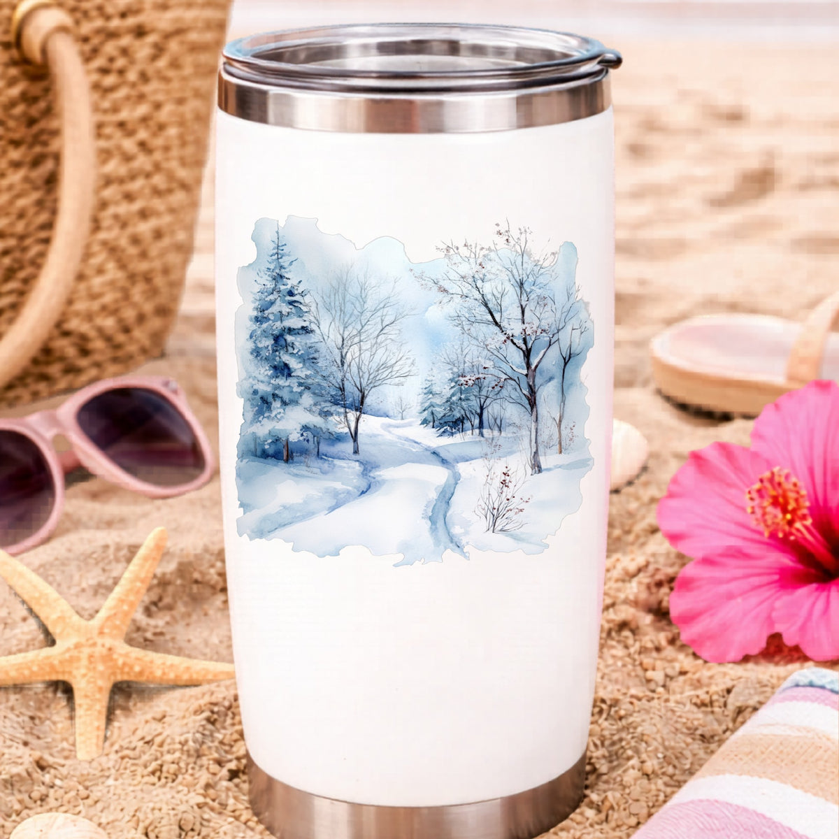 Winter Snow Path UV DTF sticker applied to a water bottle at the beach