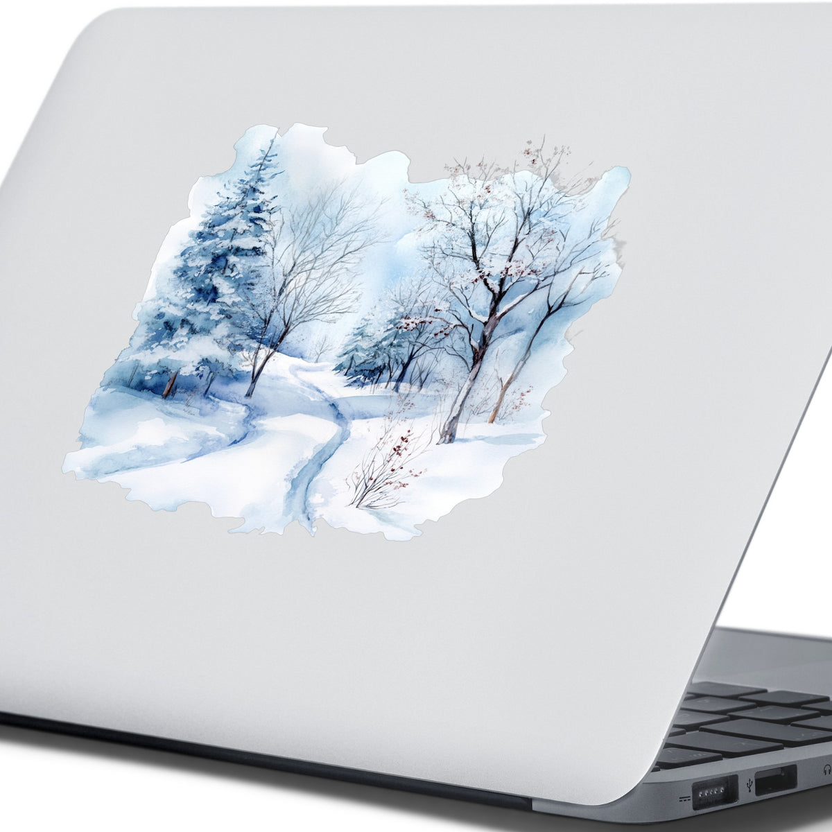 Winter Snow Path UV DTF sticker applied to a laptop