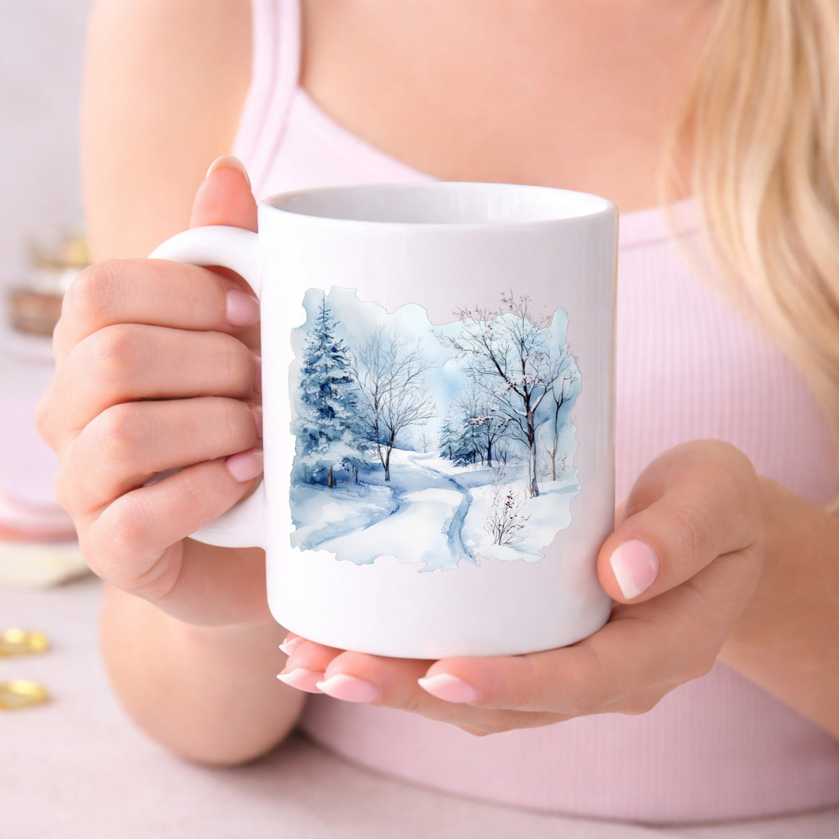 Winter Snow Path UV DTF sticker displayed on a white coffee mug