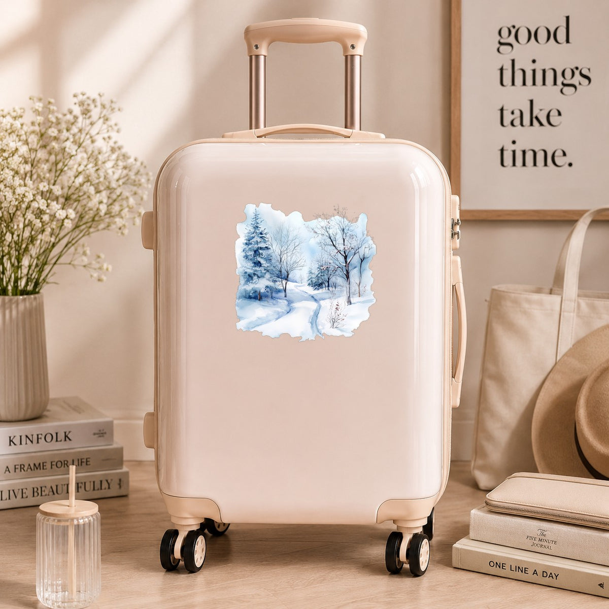 Winter Snow Path UV DTF sticker applied to a neutral suitcase