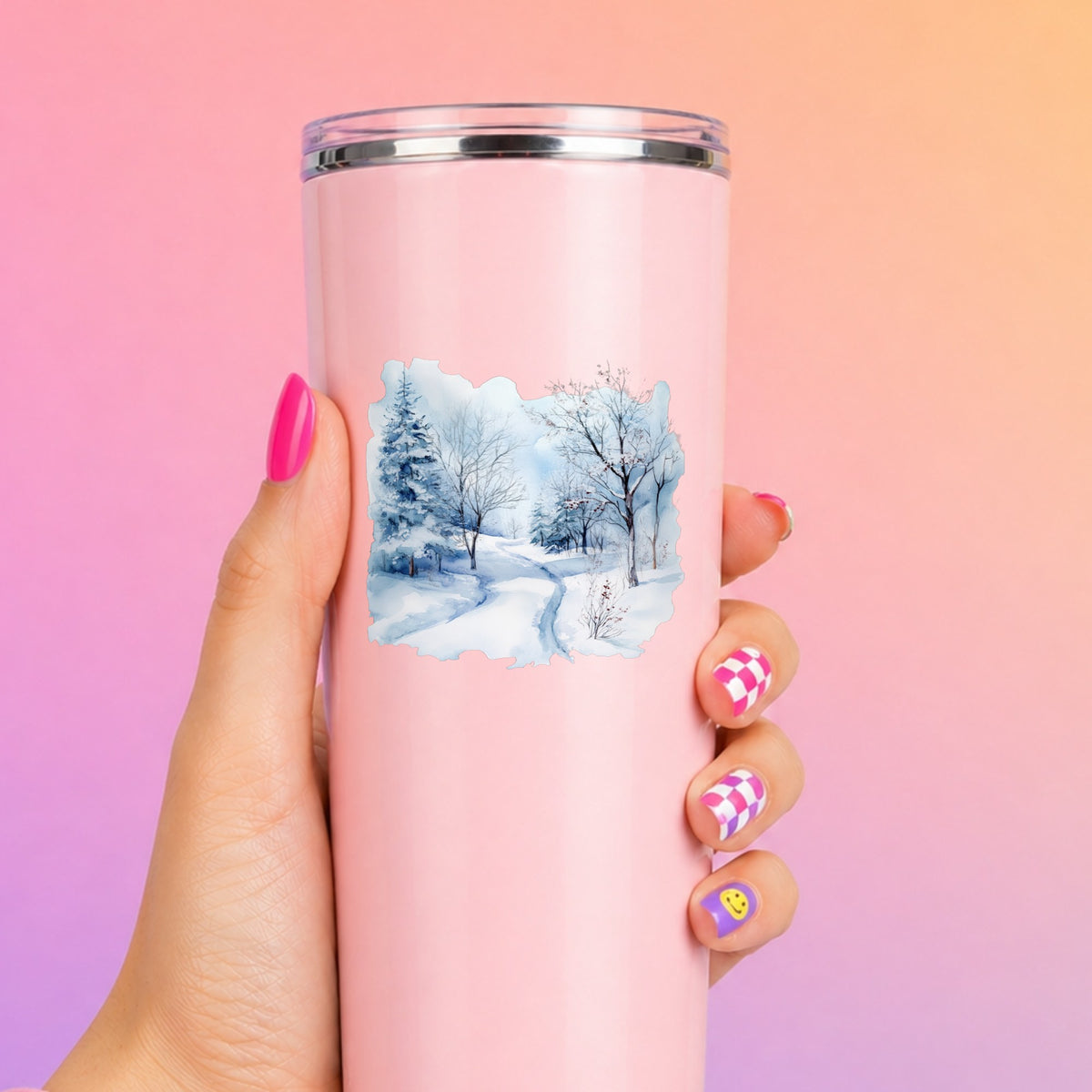 Winter Snow Path UV DTF sticker applied to a pink tumbler
