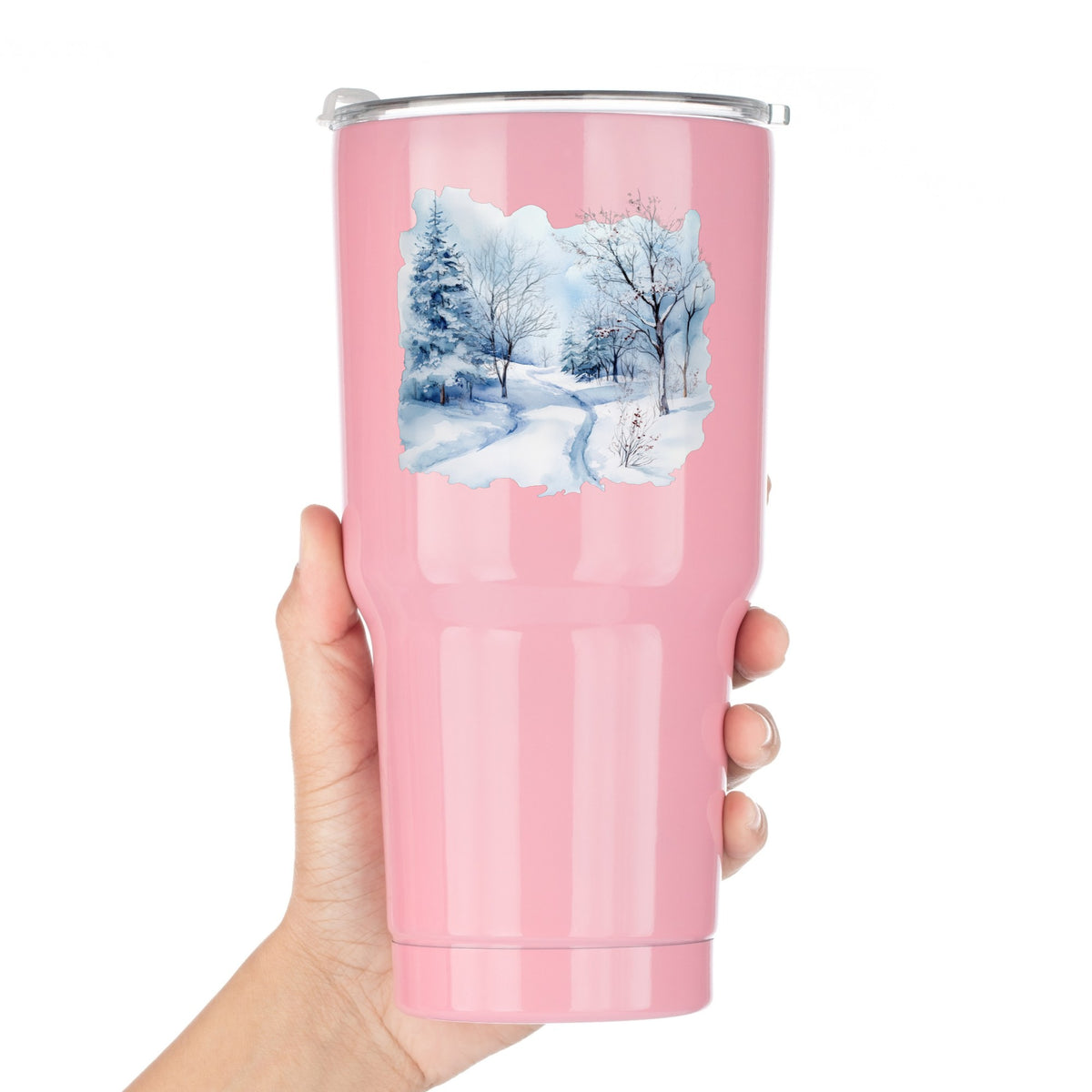 Winter Snow Path UV DTF sticker applied to a pink tumbler