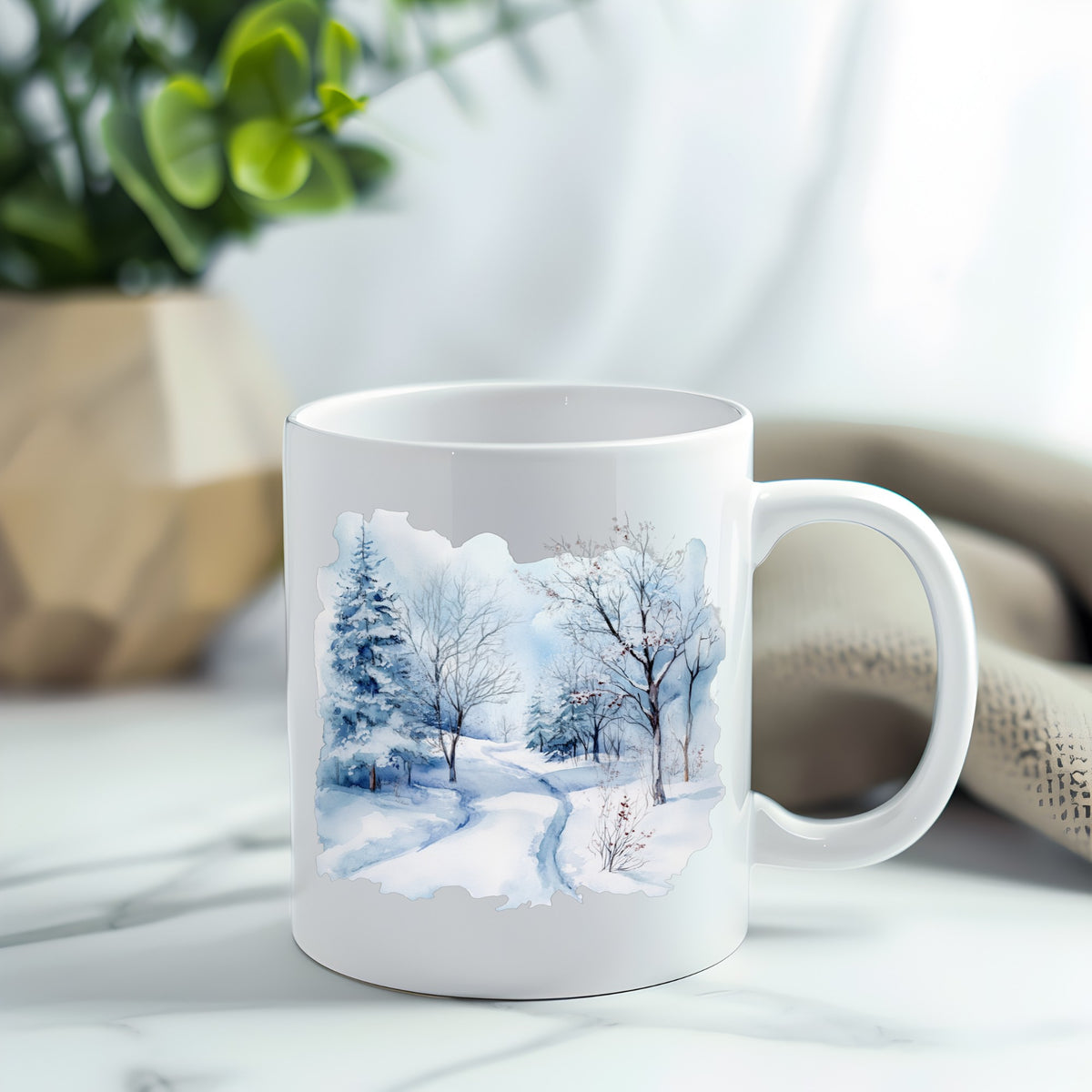 Winter Snow Path UV DTF sticker applied to a white coffee mug