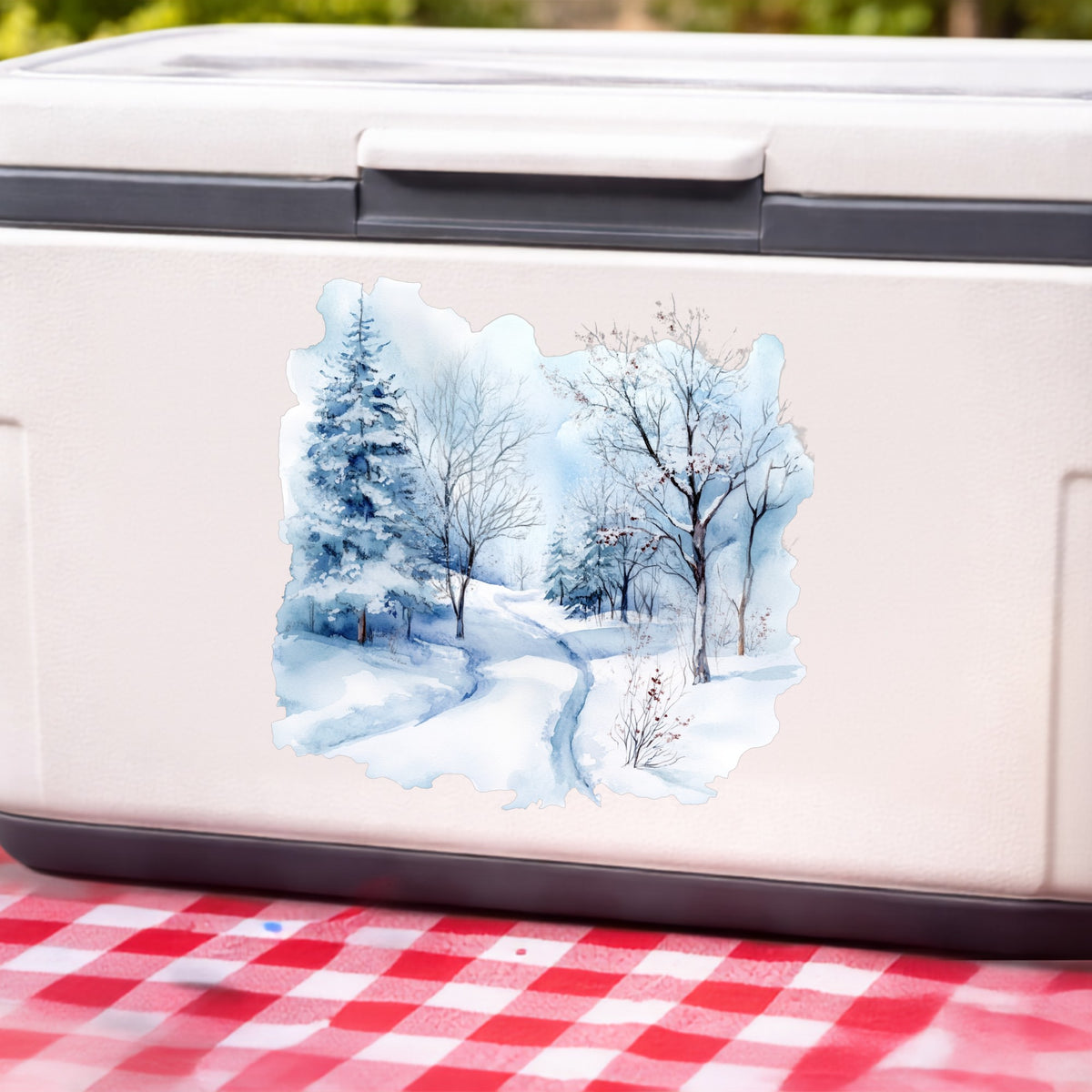 Winter Snow Path UV DTF sticker applied to a white cooler