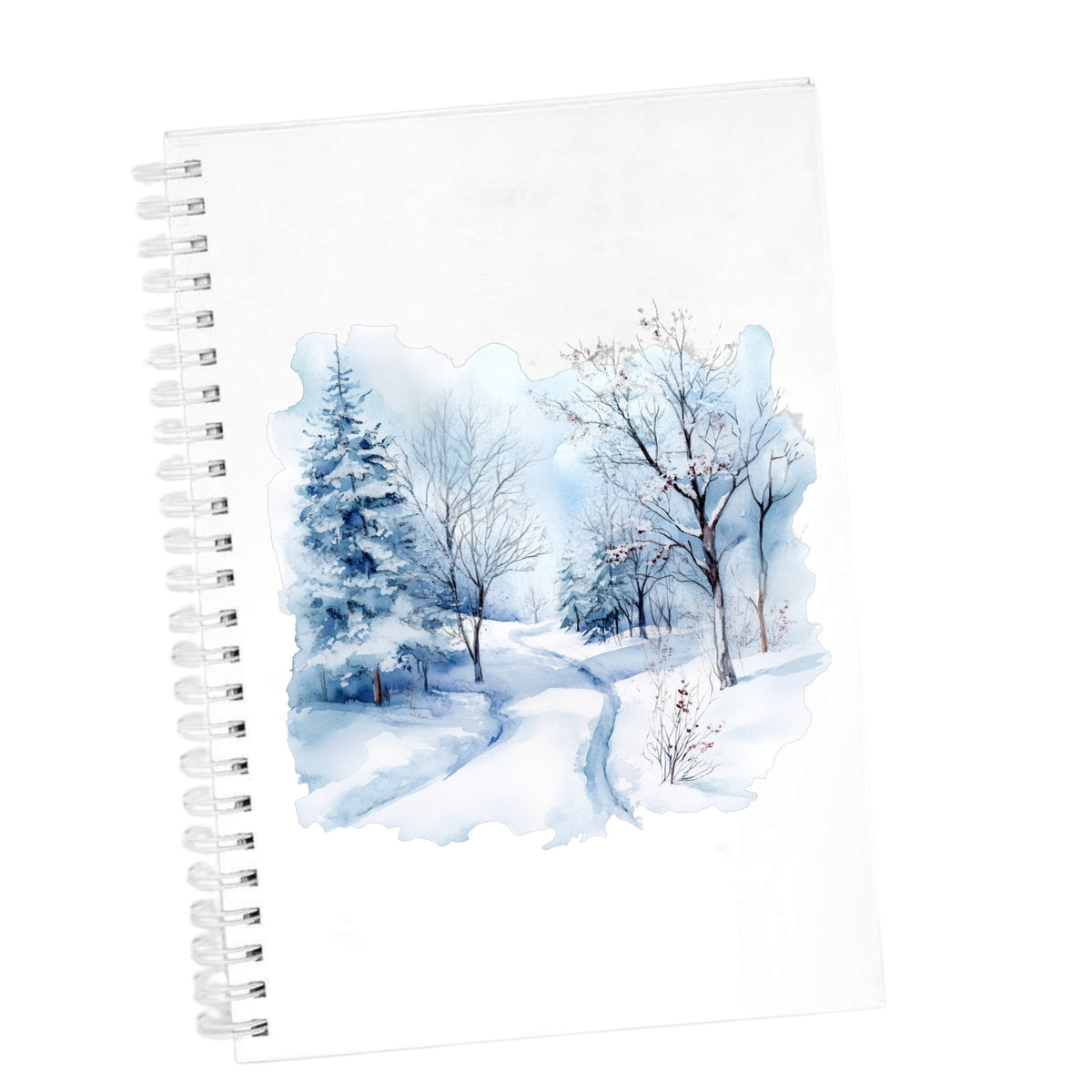 Winter Snow Path UV DTF sticker applied to a white journal