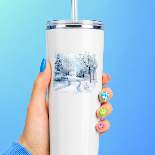 Winter Snow Path UV DTF sticker applied to a white tumbler