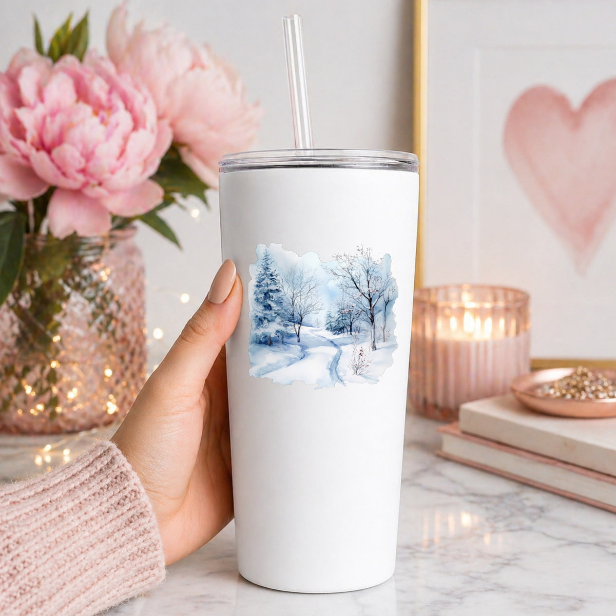 Winter Snow Path UV DTF sticker applied to a white tumbler