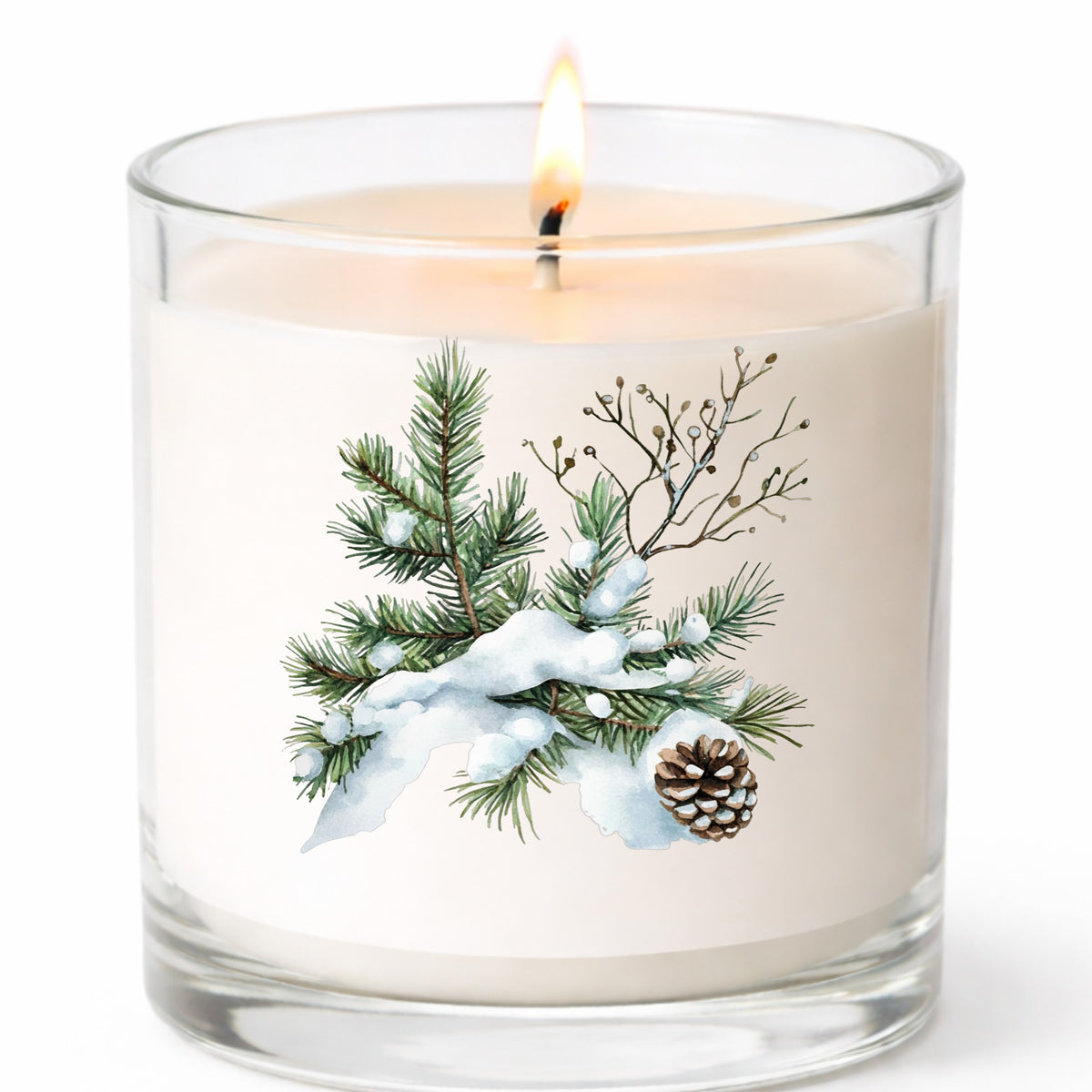 Snowy Pine Branch With Pine Cone UV DTF sticker applied to a candle jar