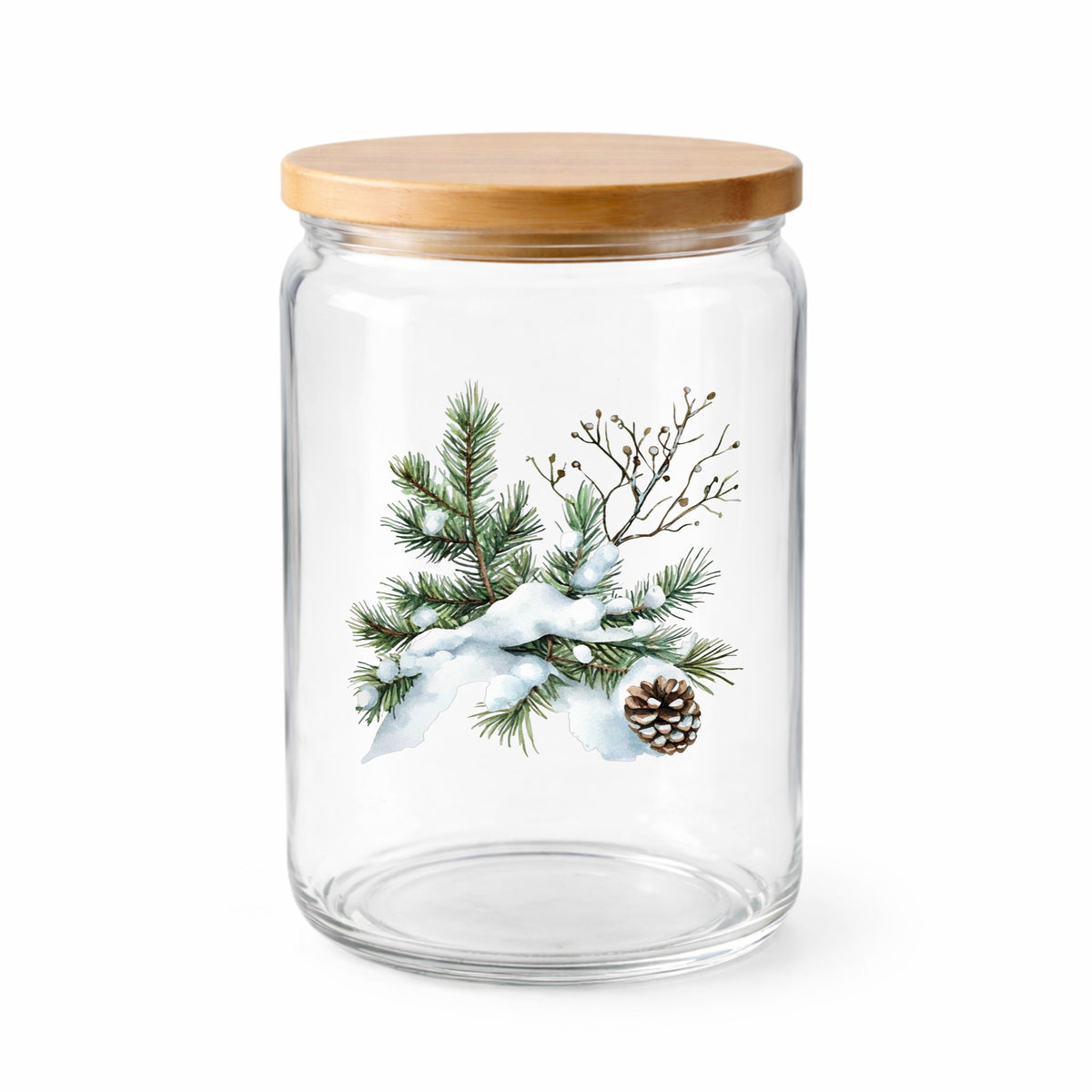 Snowy Pine Branch With Pine Cone UV DTF sticker applied to a clear glass jar with lid
