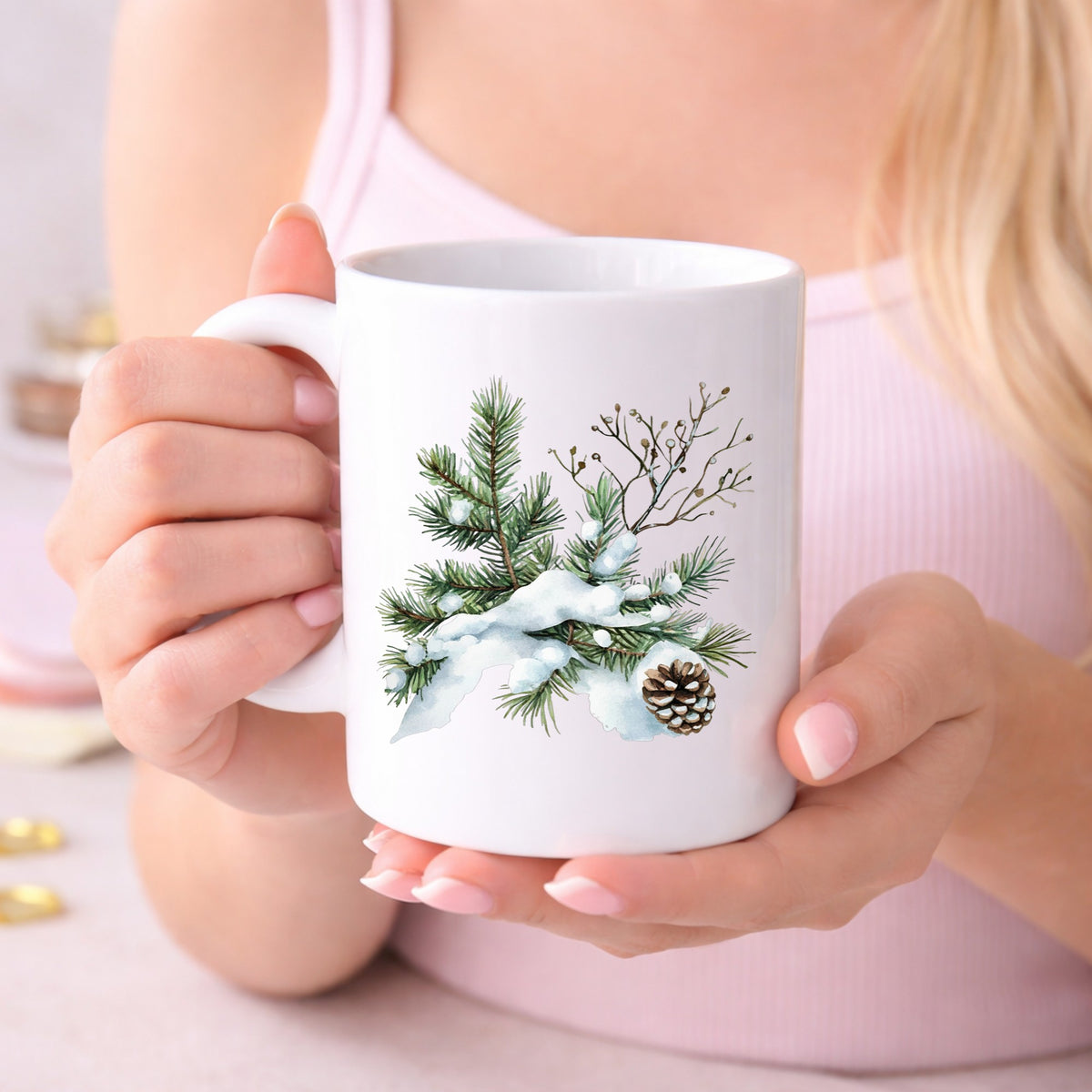 Snowy Pine Branch With Pine Cone UV DTF sticker displayed on a white coffee mug