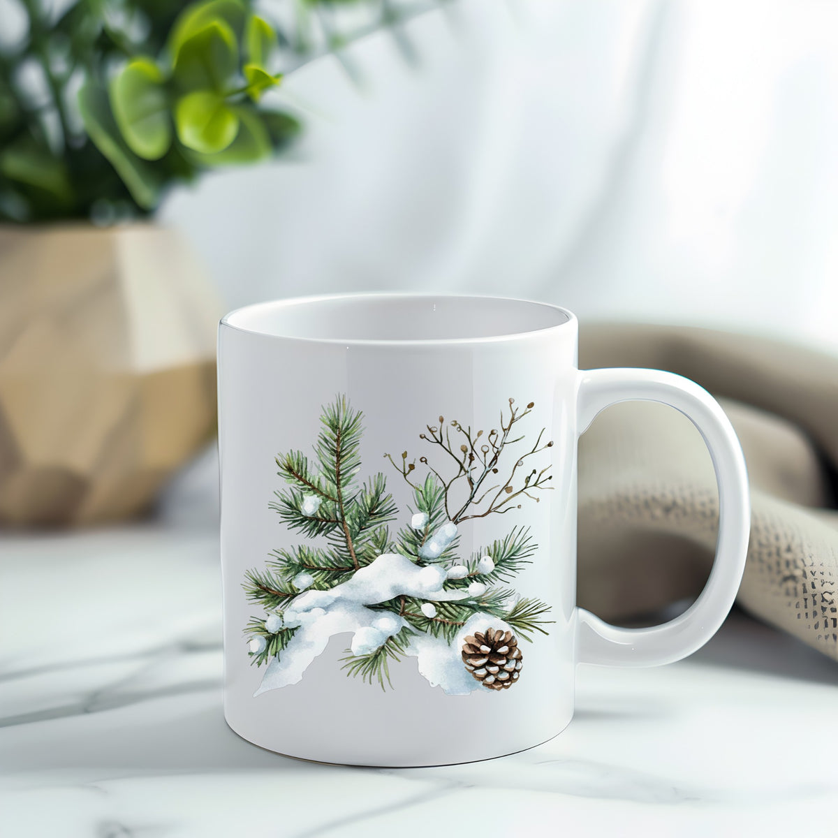 Snowy Pine Branch With Pine Cone UV DTF sticker applied to a white coffee mug