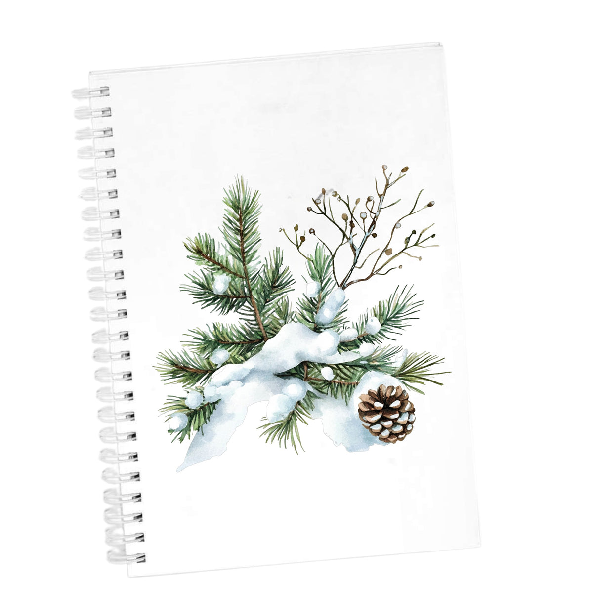 Snowy Pine Branch With Pine Cone UV DTF sticker applied to a white journal