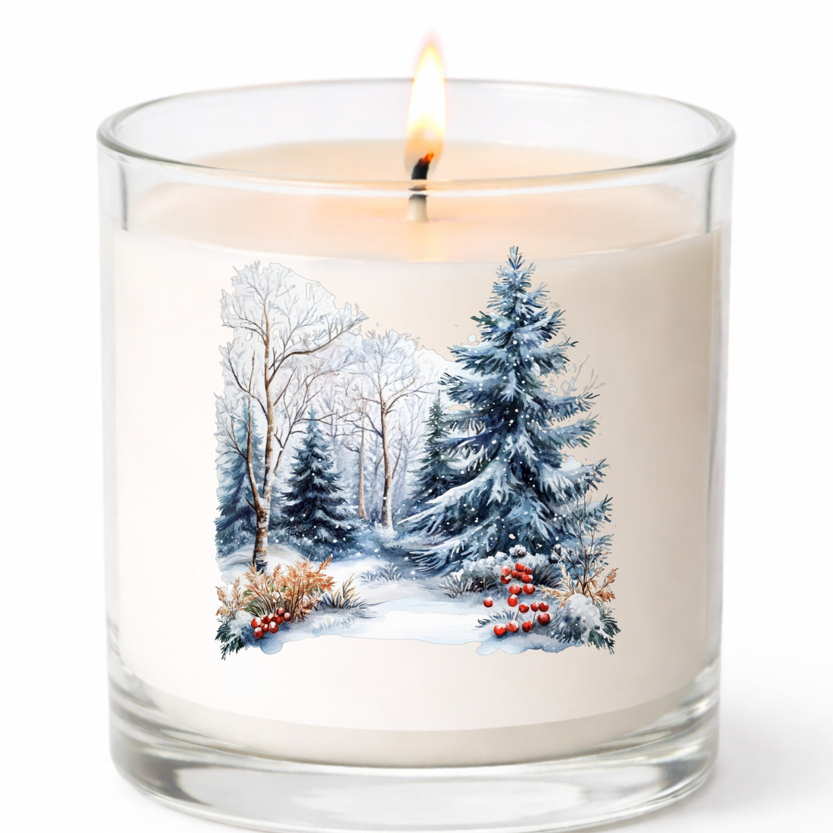 Blue Spruce Winter Forest UV DTF sticker applied to a candle jar