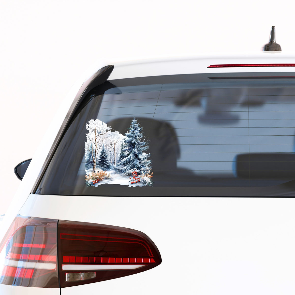 Blue Spruce Winter Forest UV DTF sticker applied to a car window