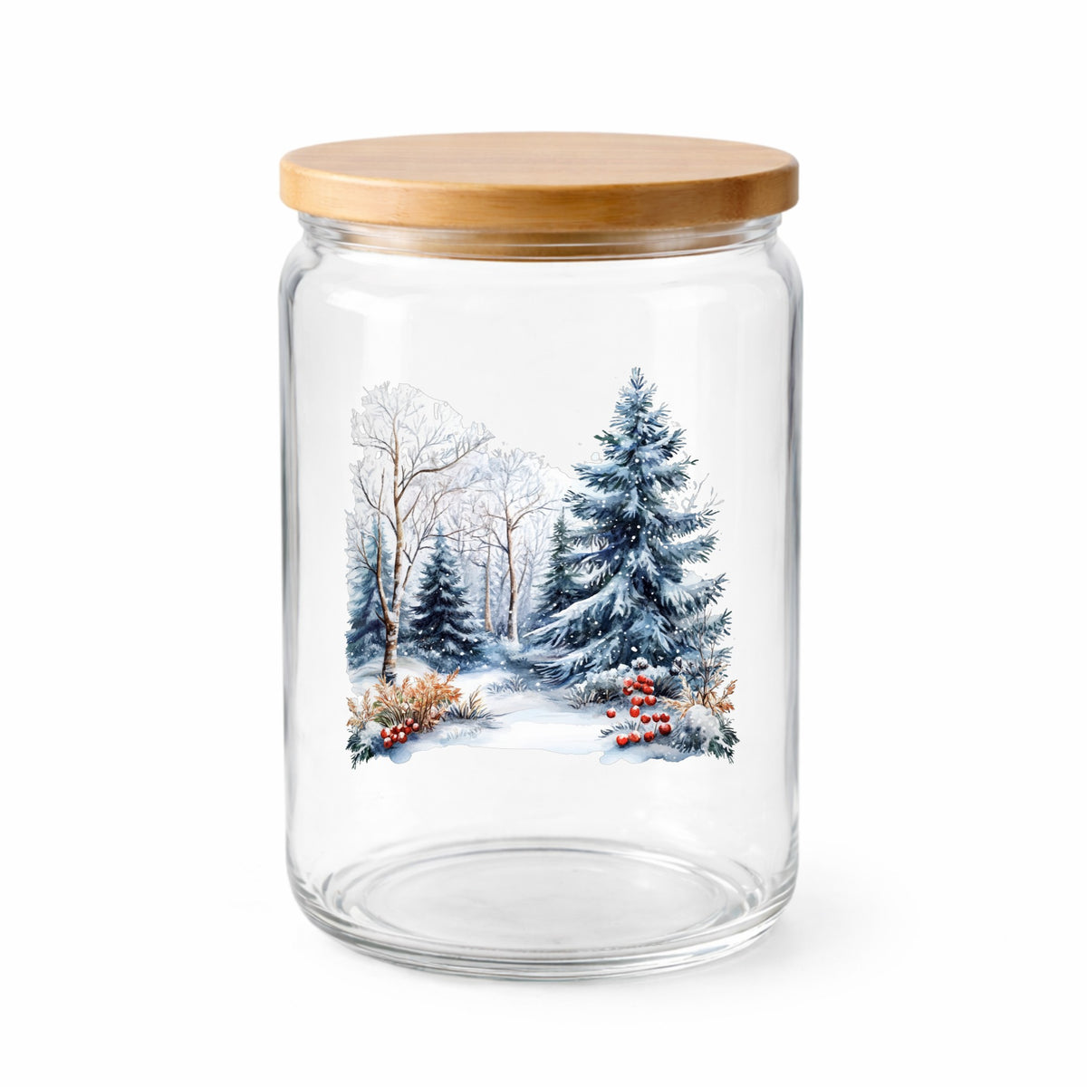 Blue Spruce Winter Forest UV DTF sticker applied to a clear glass jar with lid